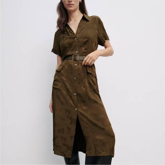 Zara Midi Dress Small Brown‎ Animal Print Metallic Safari Button-Up Shirtdress S - Picture 2 of 11